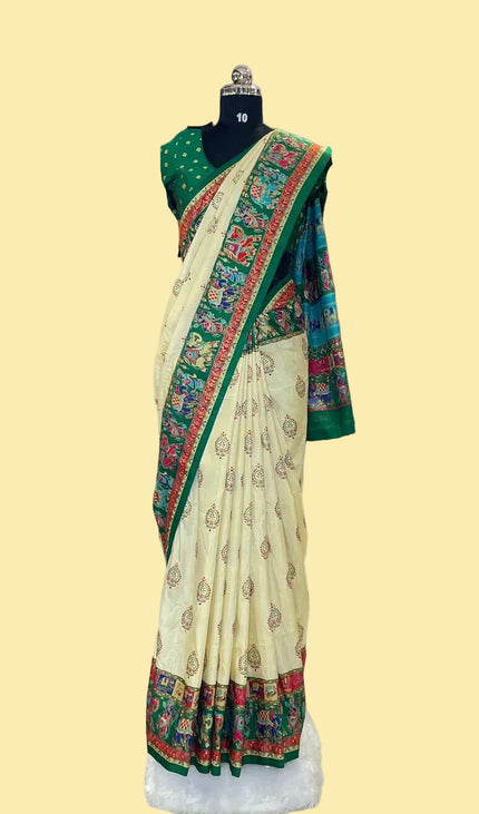 Cream And Green Silk Designer Saree with  Digital Print & Red Border |DS32_5