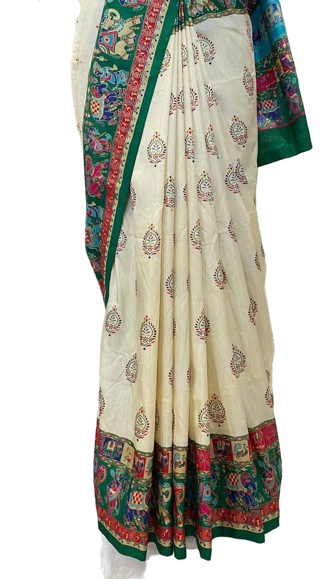 Cream And Green Silk Designer Saree with  Digital Print & Red Border |DS32_5