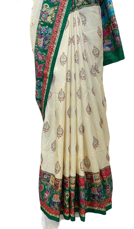 Cream And Green Silk Designer Saree with  Digital Print & Red Border |DS32_5