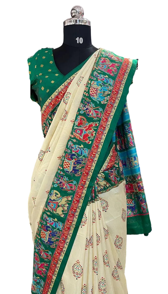 Cream And Green Silk Designer Saree with  Digital Print & Red Border |DS32_5