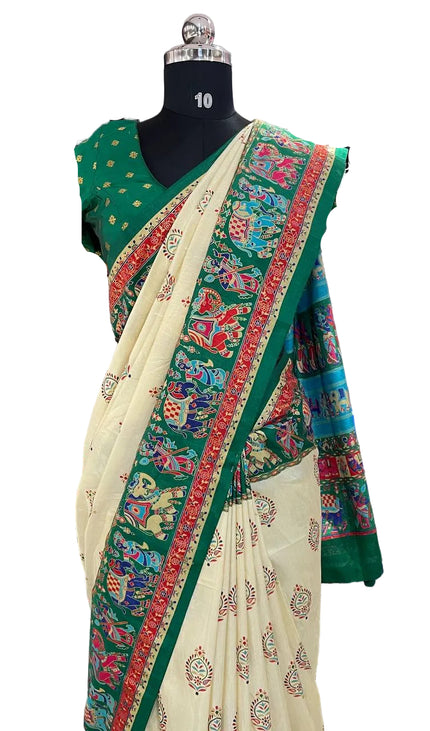 Cream And Green Silk Designer Saree with  Digital Print & Red Border |DS32_5