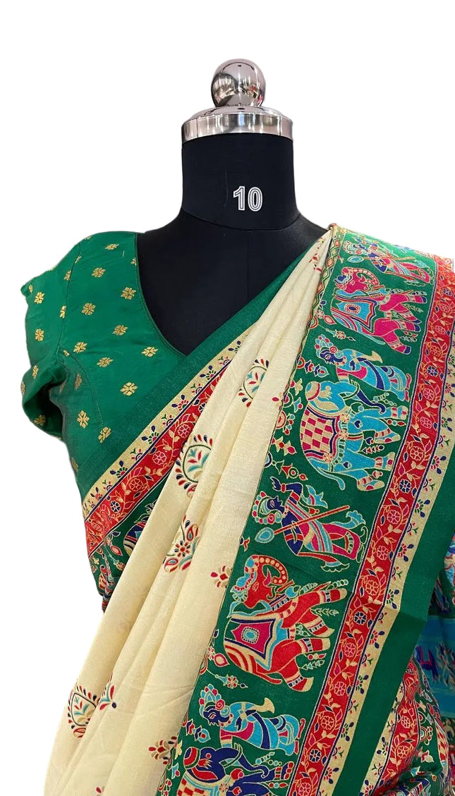 Cream And Green Silk Designer Saree with  Digital Print & Red Border |DS32_5