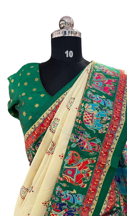 Cream And Green Silk Designer Saree with  Digital Print & Red Border |DS32_5