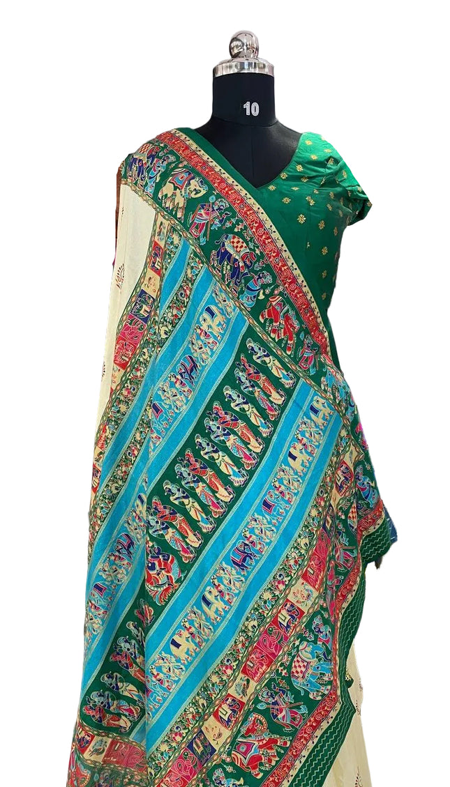 Cream And Green Silk Designer Saree with  Digital Print & Red Border |DS32_5