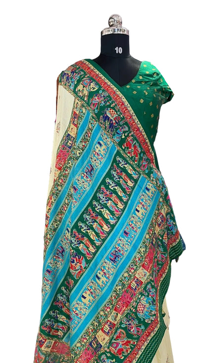Cream And Green Silk Designer Saree with  Digital Print & Red Border |DS32_5