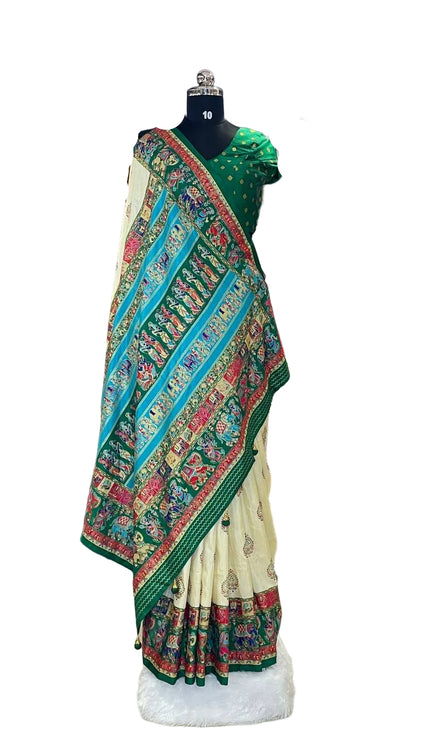 Cream And Green Silk Designer Saree with  Digital Print & Red Border |DS32_5