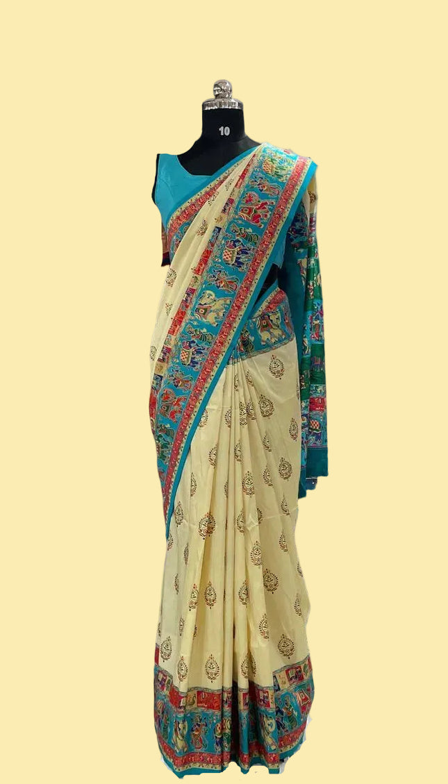 Cream And Green Silk Designer Saree with  Digital Print & Red Border |DS32_7