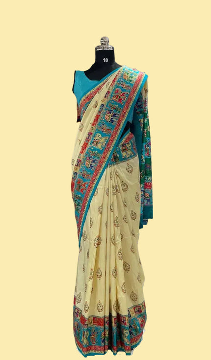 Cream And Green Silk Designer Saree with  Digital Print & Red Border |DS32_7