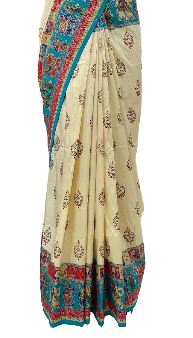 Cream And Green Silk Designer Saree with  Digital Print & Red Border |DS32_7