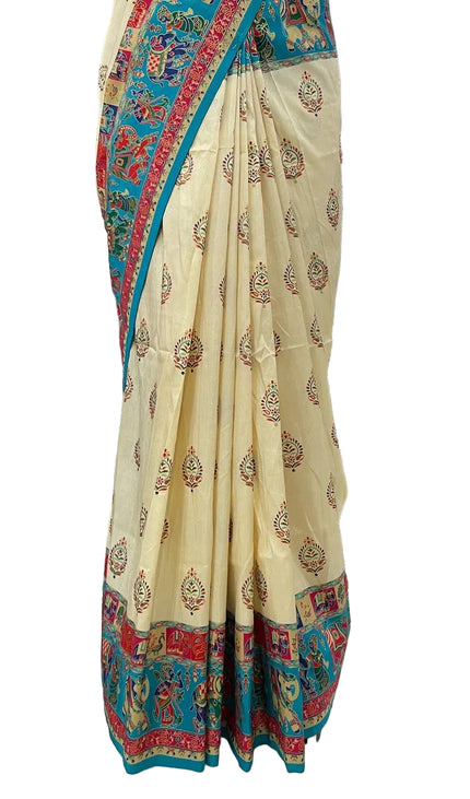 Cream And Green Silk Designer Saree with  Digital Print & Red Border |DS32_7