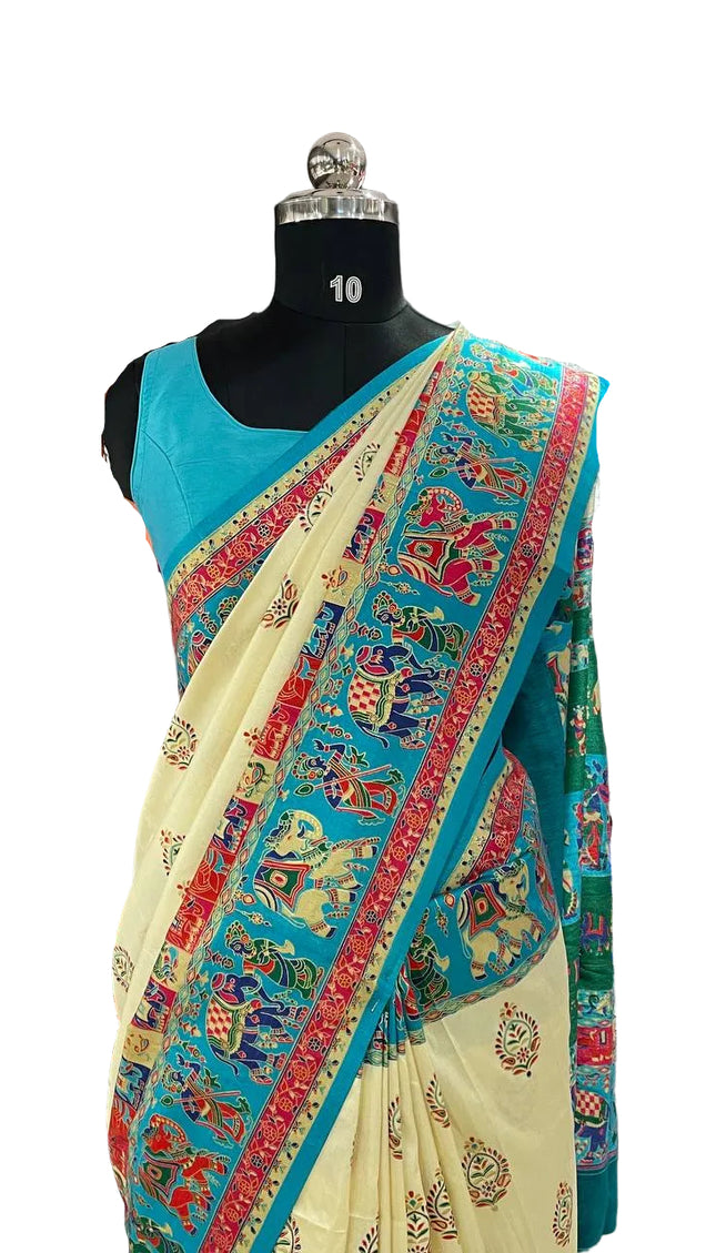 Cream And Green Silk Designer Saree with  Digital Print & Red Border |DS32_7