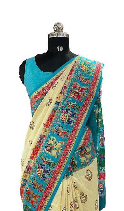 Cream And Green Silk Designer Saree with  Digital Print & Red Border |DS32_7