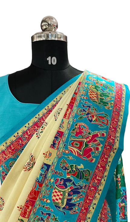 Cream And Green Silk Designer Saree with  Digital Print & Red Border |DS32_7