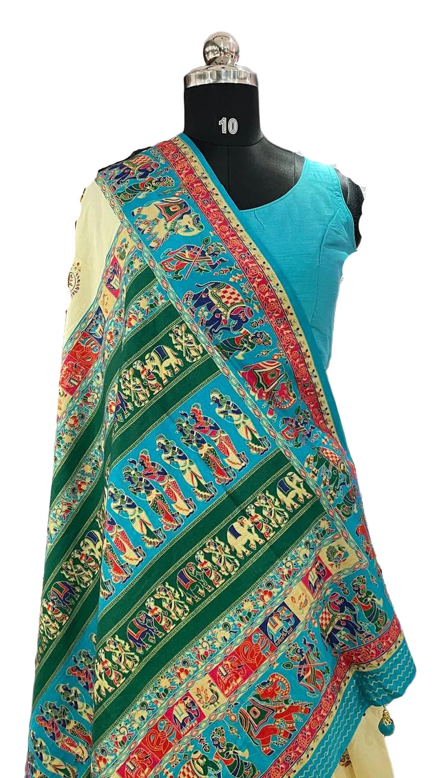 Cream And Green Silk Designer Saree with  Digital Print & Red Border |DS32_7