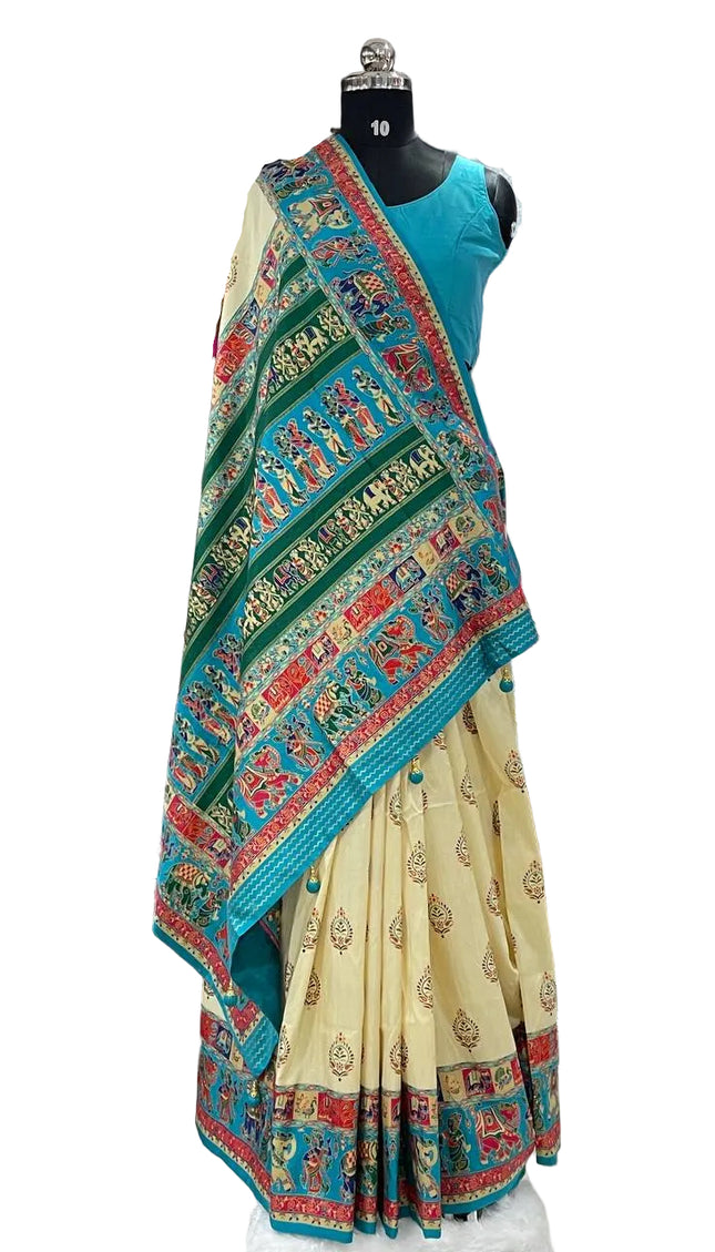Cream And Green Silk Designer Saree with  Digital Print & Red Border |DS32_7
