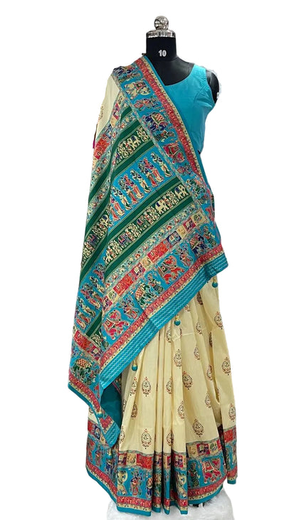 Cream And Green Silk Designer Saree with  Digital Print & Red Border |DS32_7