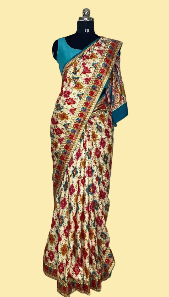 Off White Dolla Silk Designer Saree with Blue contrast  & Rich Border | DS34_2