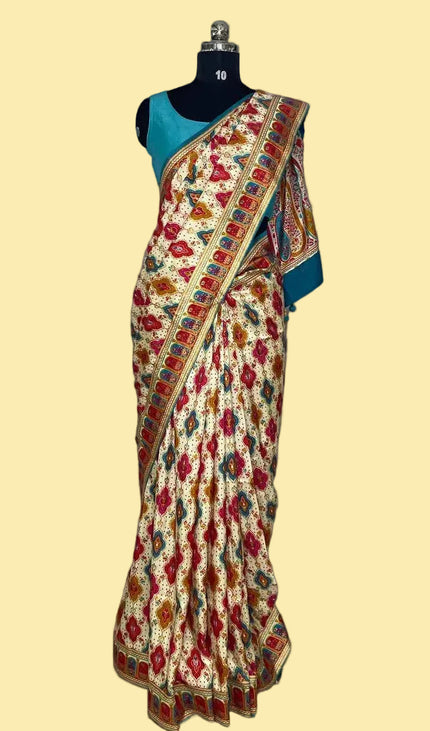 Off White Dolla Silk Designer Saree with Blue contrast  & Rich Border | DS34_2