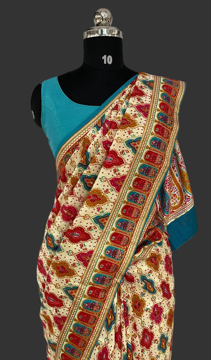 Off White Dolla Silk Designer Saree with Blue contrast  & Rich Border | DS34_2