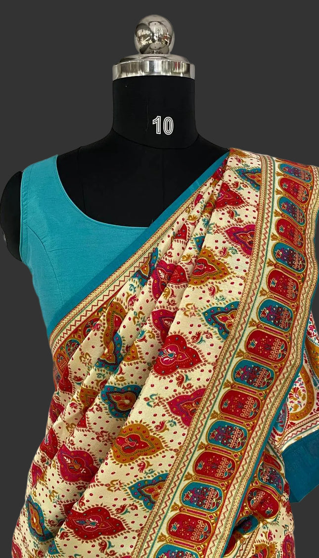 Off White Dolla Silk Designer Saree with Blue contrast  & Rich Border | DS34_2