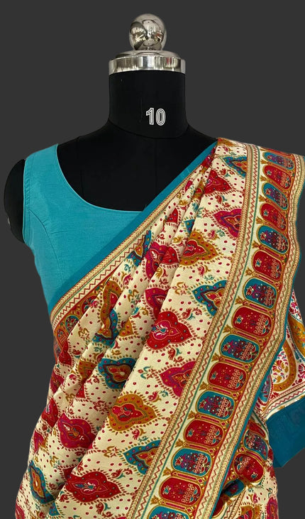 Off White Dolla Silk Designer Saree with Blue contrast  & Rich Border | DS34_2