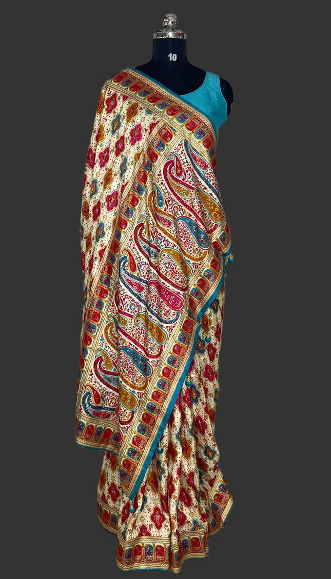 Off White Dolla Silk Designer Saree with Blue contrast  & Rich Border | DS34_2