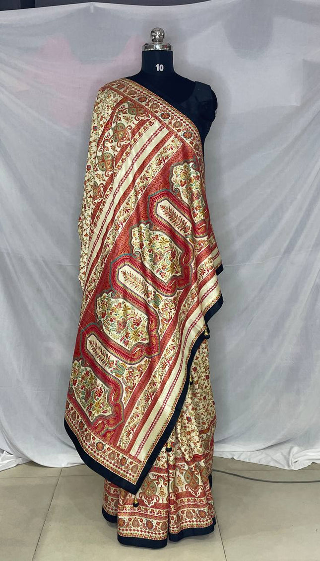 Cream Dola Silk Designer Saree with Digital Print & Red Border |DS33_3