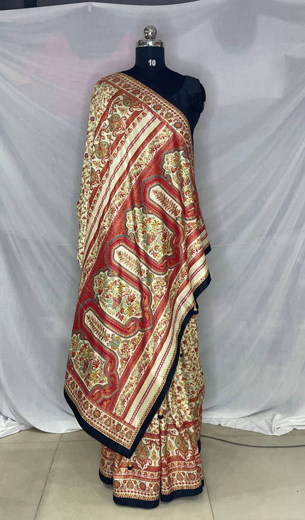 Cream Dola Silk Designer Saree with Digital Print & Red Border |DS33_3