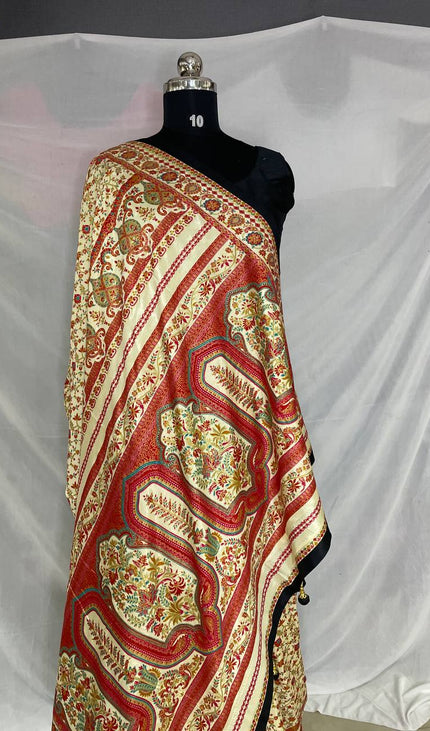 Cream Dola Silk Designer Saree with Digital Print & Red Border |DS33_3