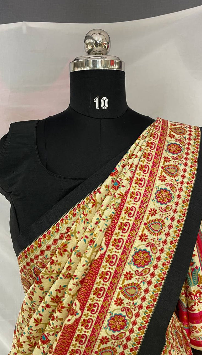 Cream Dola Silk Designer Saree with Digital Print & Red Border |DS33_3