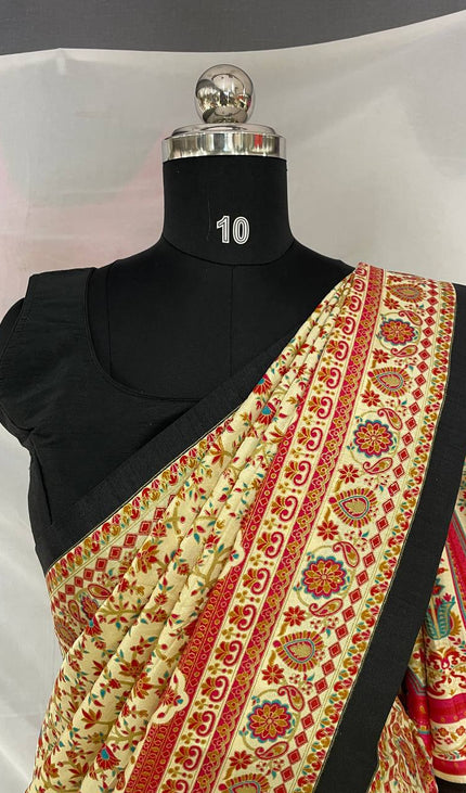 Cream Dola Silk Designer Saree with Digital Print & Red Border |DS33_3