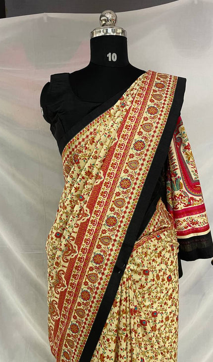 Cream Dola Silk Designer Saree with Digital Print & Red Border |DS33_3