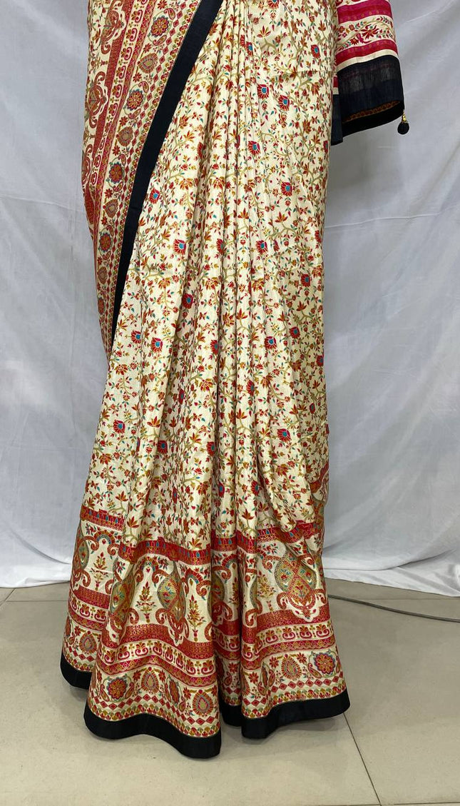Cream Dola Silk Designer Saree with Digital Print & Red Border |DS33_3
