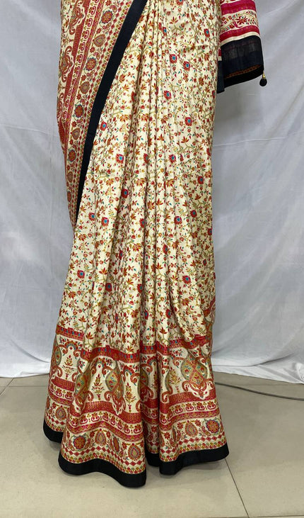 Cream Dola Silk Designer Saree with Digital Print & Red Border |DS33_3