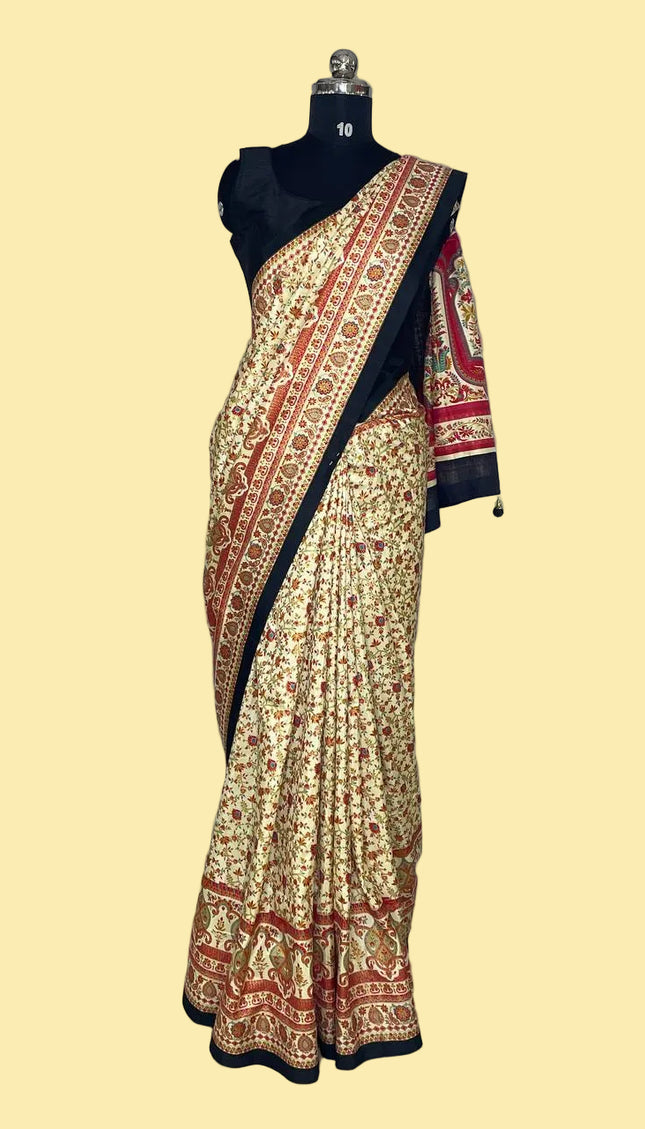 Cream Dola Silk Designer Saree with Digital Print & Red Border |DS33_3