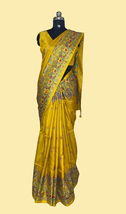 Yellow Silk Designer Saree with  Digital Print & Red Border |DS33_7