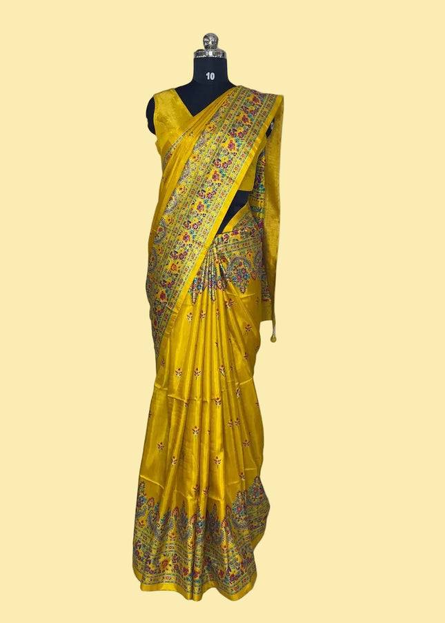 Yellow Silk Designer Saree with  Digital Print & Red Border |DS33_7