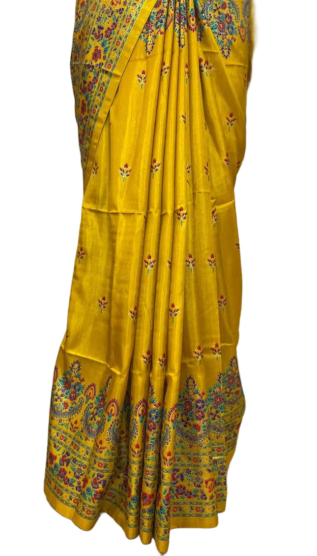 Yellow Silk Designer Saree with  Digital Print & Red Border |DS33_7