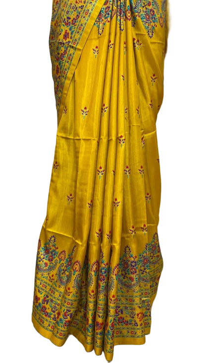 Yellow Silk Designer Saree with  Digital Print & Red Border |DS33_7