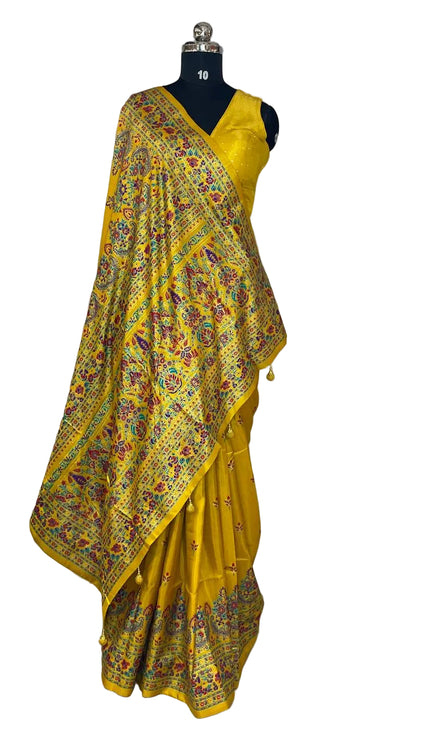 Yellow Silk Designer Saree with  Digital Print & Red Border |DS33_7