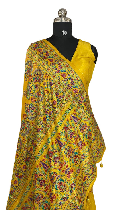 Yellow Silk Designer Saree with  Digital Print & Red Border |DS33_7