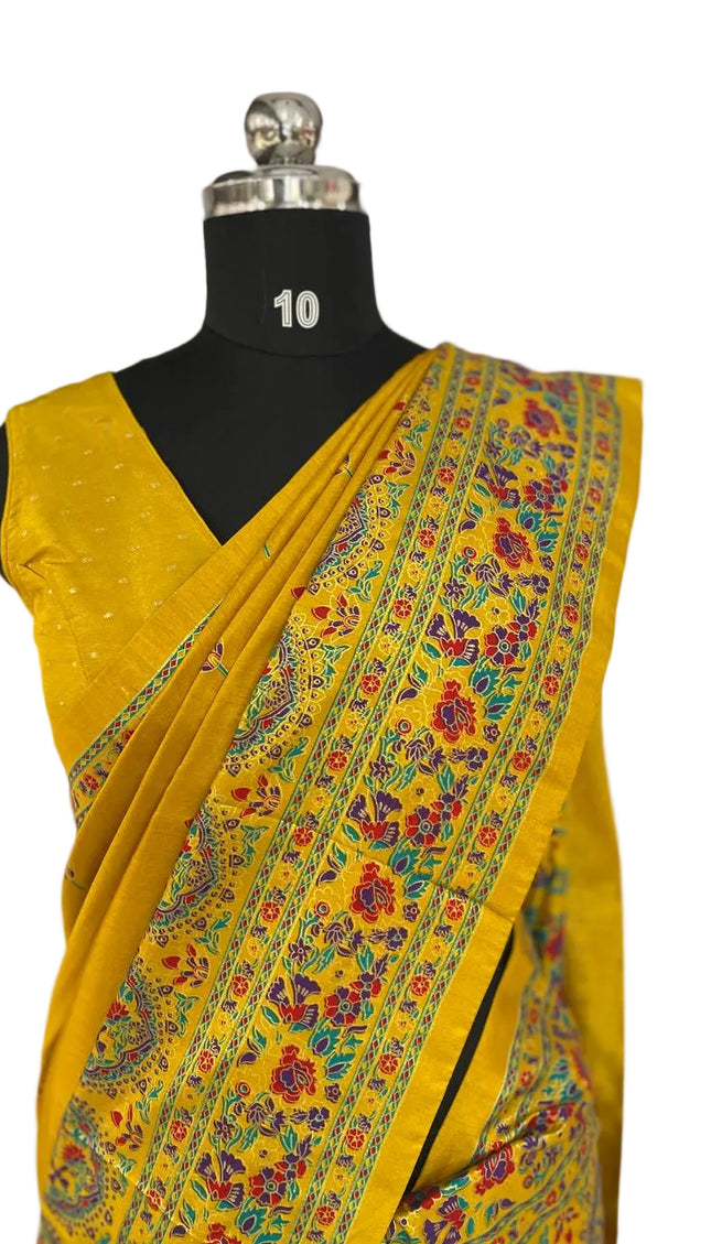 Yellow Silk Designer Saree with  Digital Print & Red Border |DS33_7