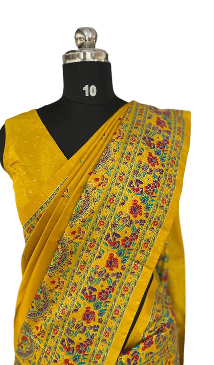 Yellow Silk Designer Saree with  Digital Print & Red Border |DS33_7