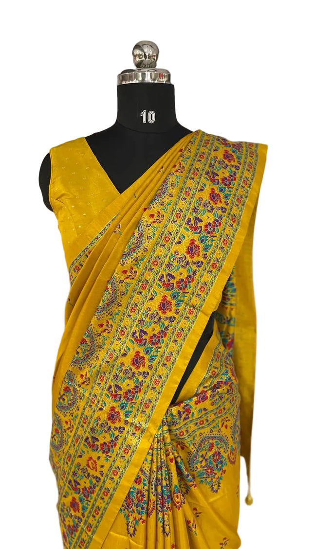 Yellow Silk Designer Saree with  Digital Print & Red Border |DS33_7