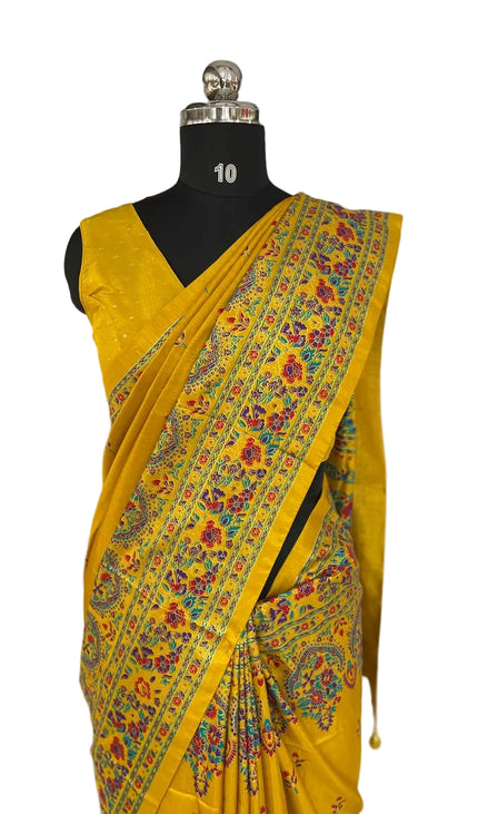 Yellow Silk Designer Saree with  Digital Print & Red Border |DS33_7
