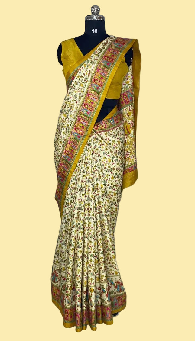 Cream And Yellow Dolla Silk Designer Saree with Digital Print & Red Border |DS32_2