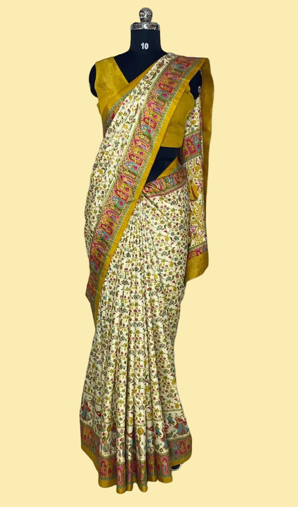Cream And Yellow Dolla Silk Designer Saree with Digital Print & Red Border |DS32_2