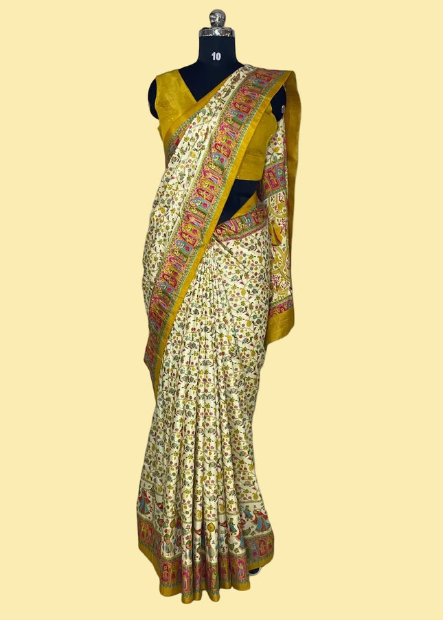 Cream And Yellow Dolla Silk Designer Saree with Digital Print & Red Border |DS32_2
