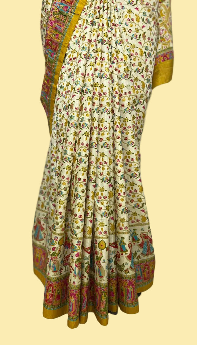 Cream And Yellow Dolla Silk Designer Saree with Digital Print & Red Border |DS32_2