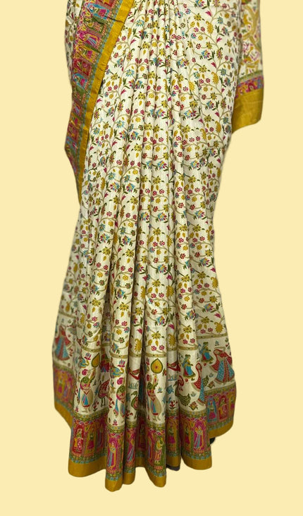 Cream And Yellow Dolla Silk Designer Saree with Digital Print & Red Border |DS32_2